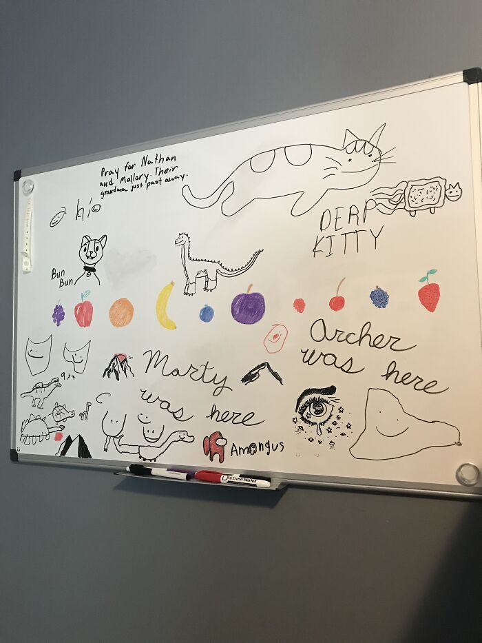 My Whiteboard. I Let My Siblings Draw On It. It Turned Out Like A Meme Explosion.