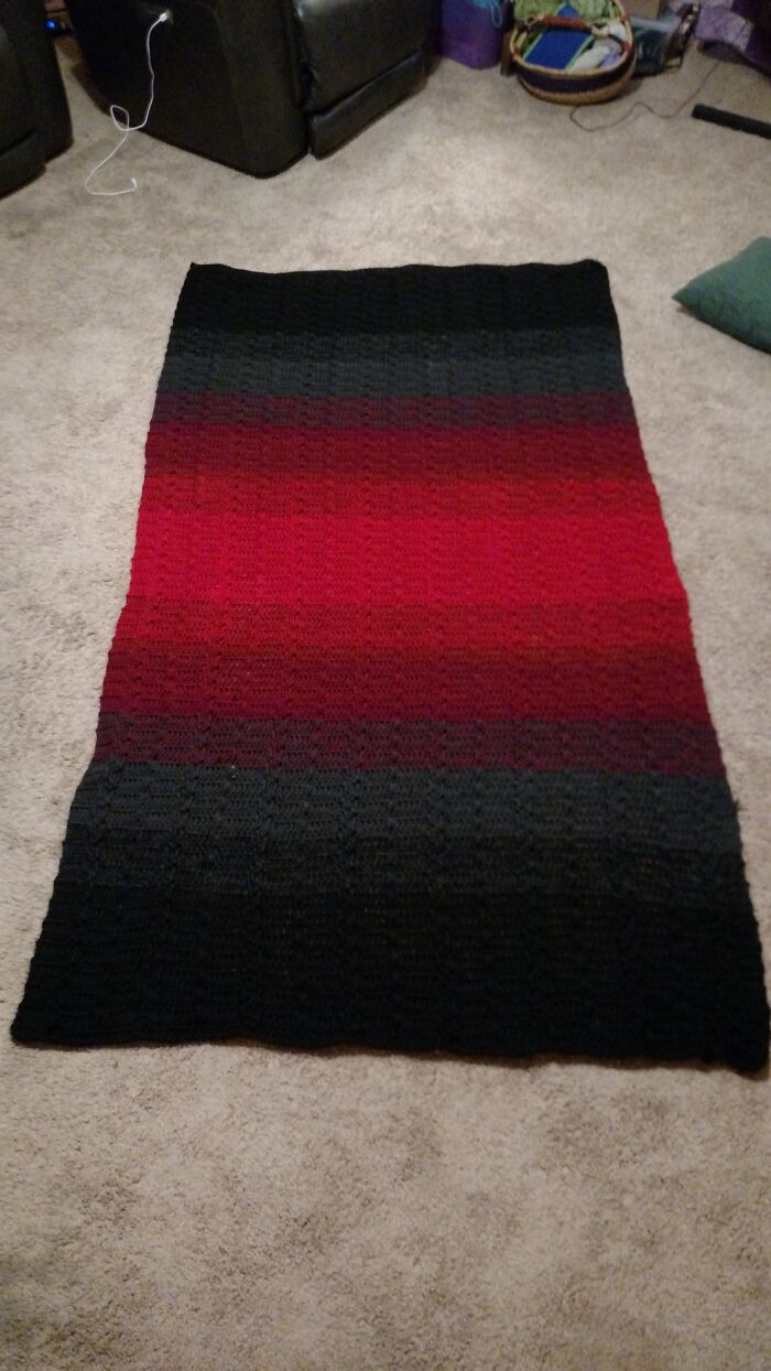 Crocheted Afghan Made As A Christmas Present For A Yarn-Worthy Loved One. Used Two Strands Of Yarn To Be Able To Get The Ombre Effect. There Are Bobbles And Cables.