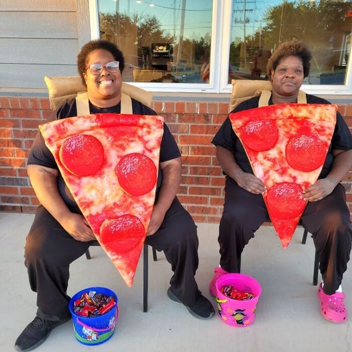 My Sister And I Were Paid To Dress As Pizza Slices And Give Candy To Children At The Pizza Place We Work At.