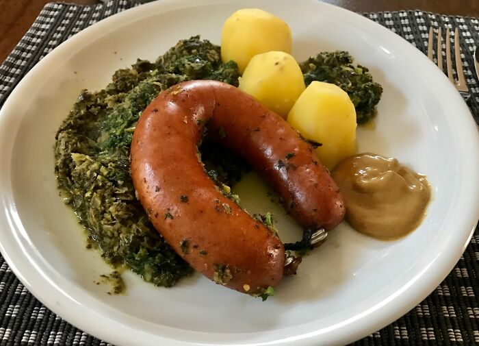 Boiled Potatoes, Kale, Very Special Sausage