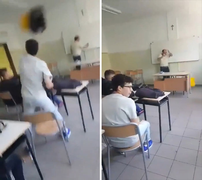 El "payaso de la clase" le tiró un cubo de basura al profesor y se cree gracioso