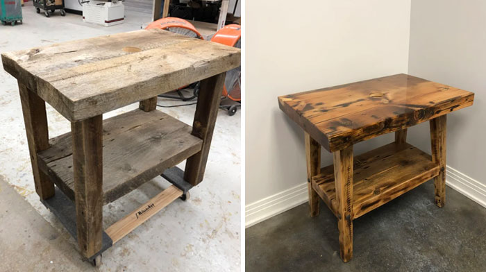 A Client Came To Us With This Monstrosity Of A Reclaimed Wood Bathroom Vanity That Their Contractor Supplied. We Modified The Design And Remade It Using The Same Wood. Before And After Photos