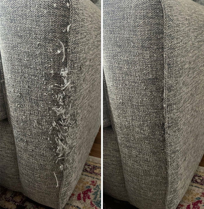 Arreglar las marcas de arañazos del gato en el sofá con una aguja de fieltro: Antes y después
