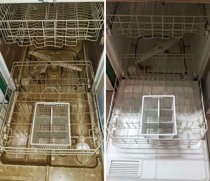 Someone On Reddit Recommended Iron Out For Hard Water Stained Dishwasher In Our New Rental, One Cycle And The Results Are Amazing