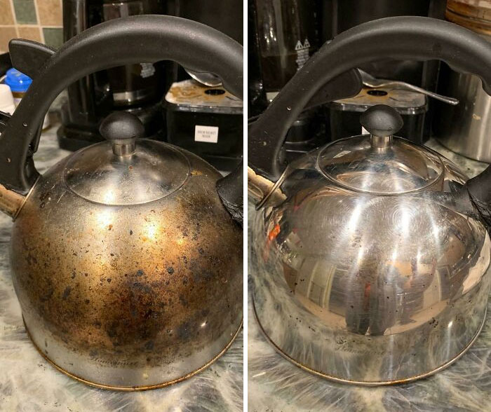 I Couldn’t Handle How Gross My Sister’s Tea Kettle Was From Stove Spatters. Some Bar Keeper’s Friend And A Little Elbow Grease Did The Job!