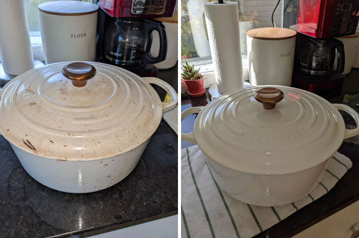 Before/After Cleaning My Dutch Oven; Soaked It In Soapy Hot Water For An Hour Then Scrubbed!