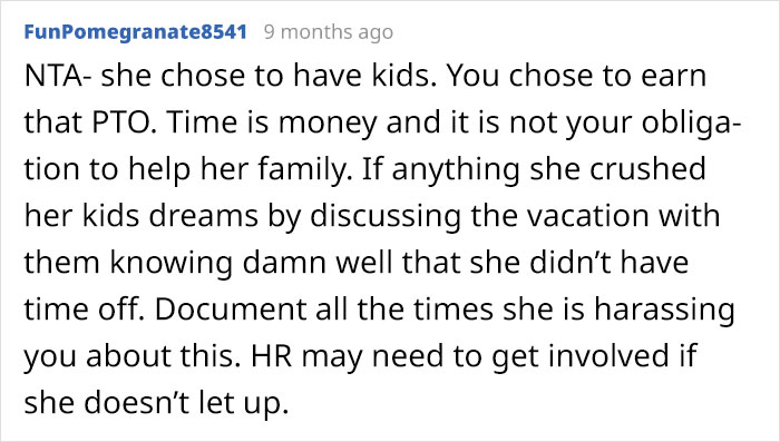 Childless Woman Refuses To Give 6 Of Her Paid Vacation Days To A Coworker With Three Kids, Office Drama Ensues