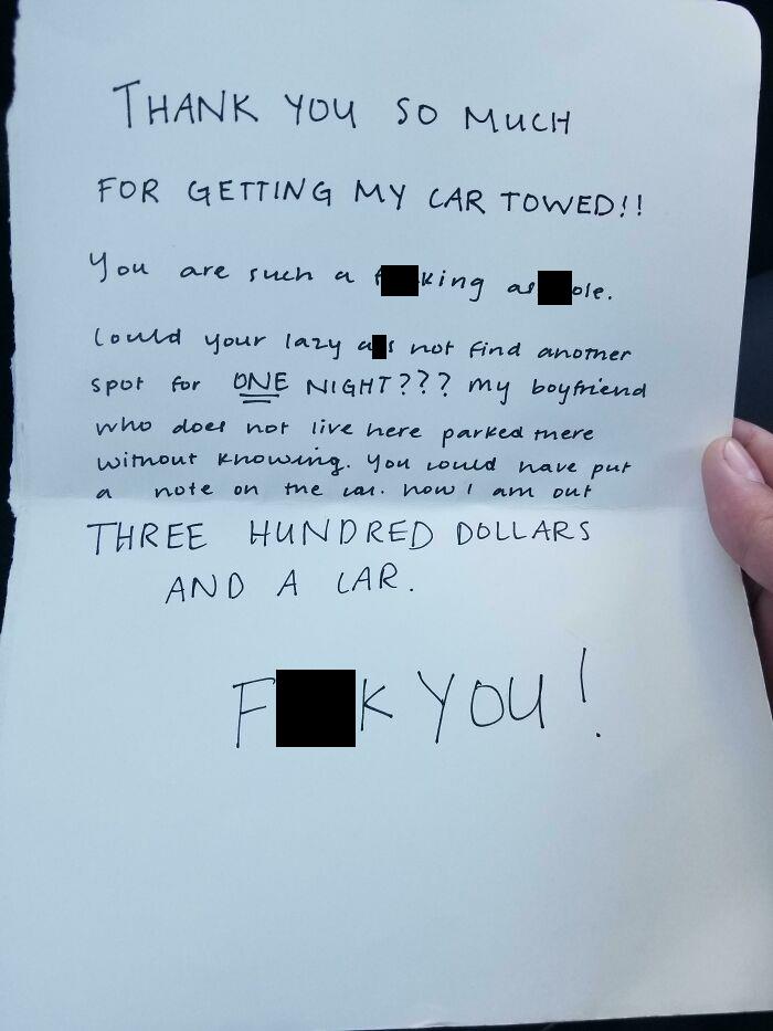 The Note Someone Left On My Car After Getting Towed Out Of My Spot