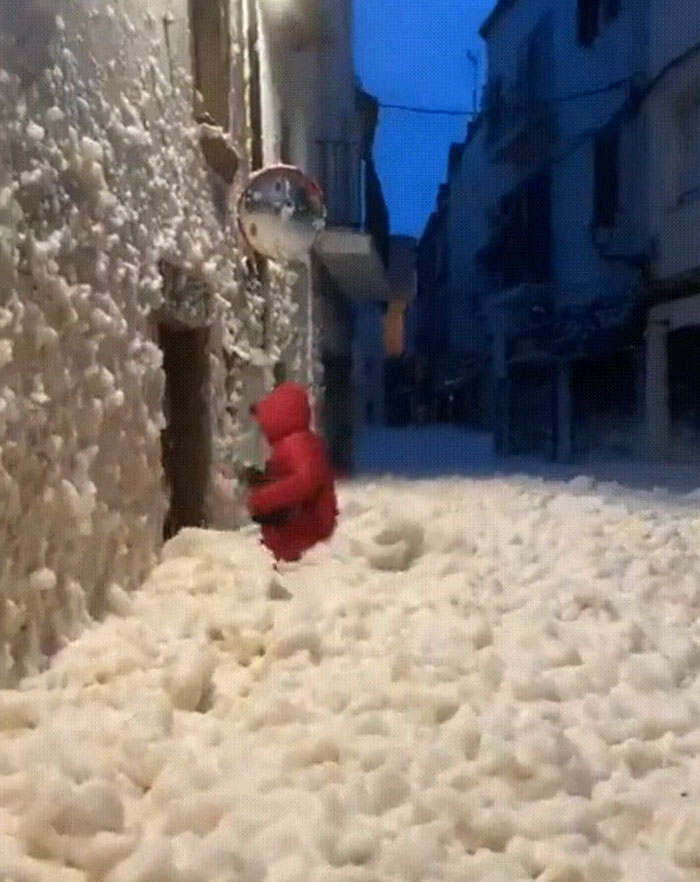 Sea Foam Fills The Streets Of Spain After A Storm Hits The Country