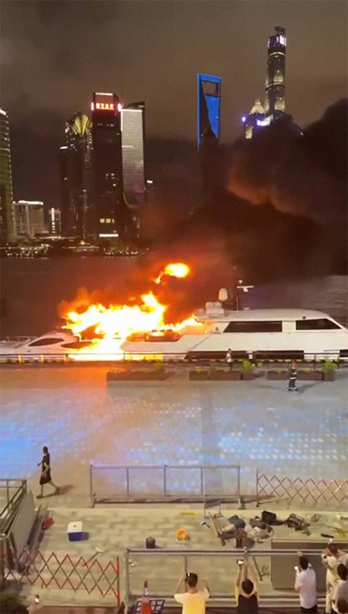 Smaller Yacht Caught Fire Which Spread To The Larger Yacht In Shanghai Last Night