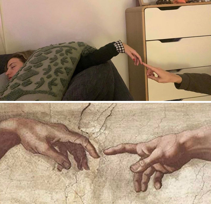 My Wife Fell Asleep Like This During A Movie So I Decided To Recreate "The Creation Of Adam"