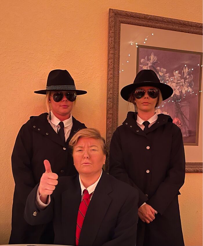 My Wife As An Orange Man And His Bodyguards. She Won Costume Parties At A Winery And A Bar.
