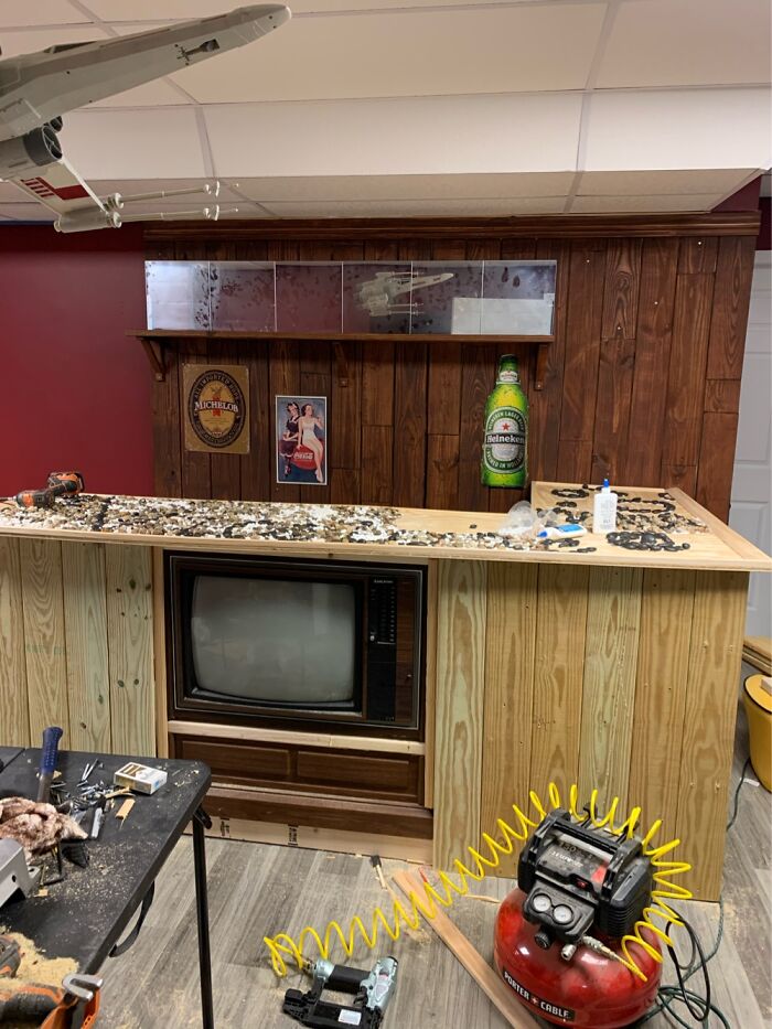 Bar I Built With Working, Vintage TV Set Into It.