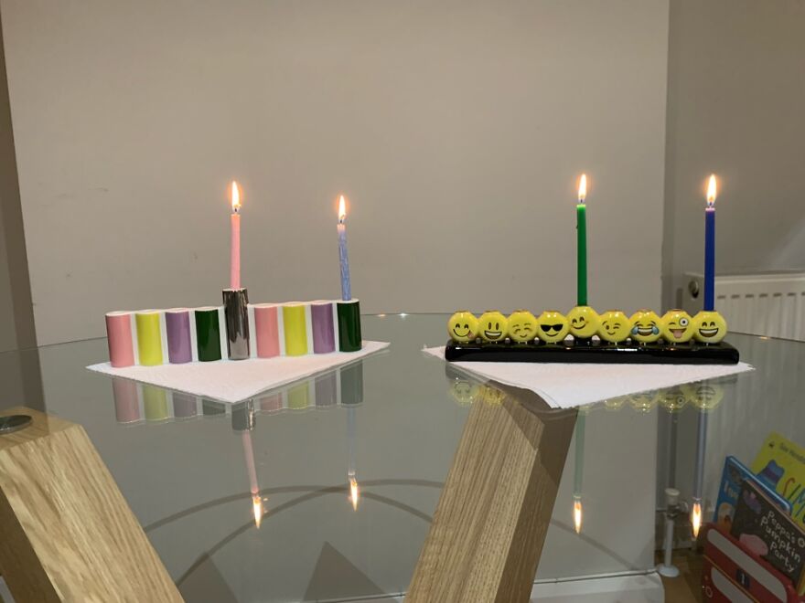 Our Menorahs. The Emoji One On The Right Is For Our Son To Make It More Fun For Him