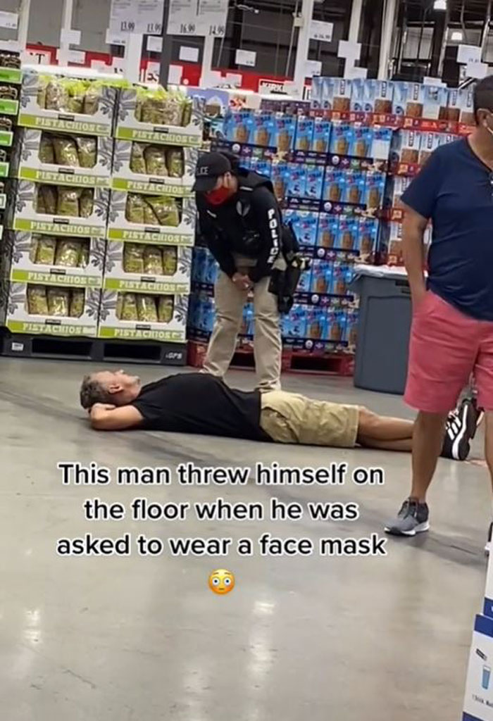 Anti-Masker Gets Roasted Online For Lying On Costco Floor For 8 Minutes To Protest Mask Requirements