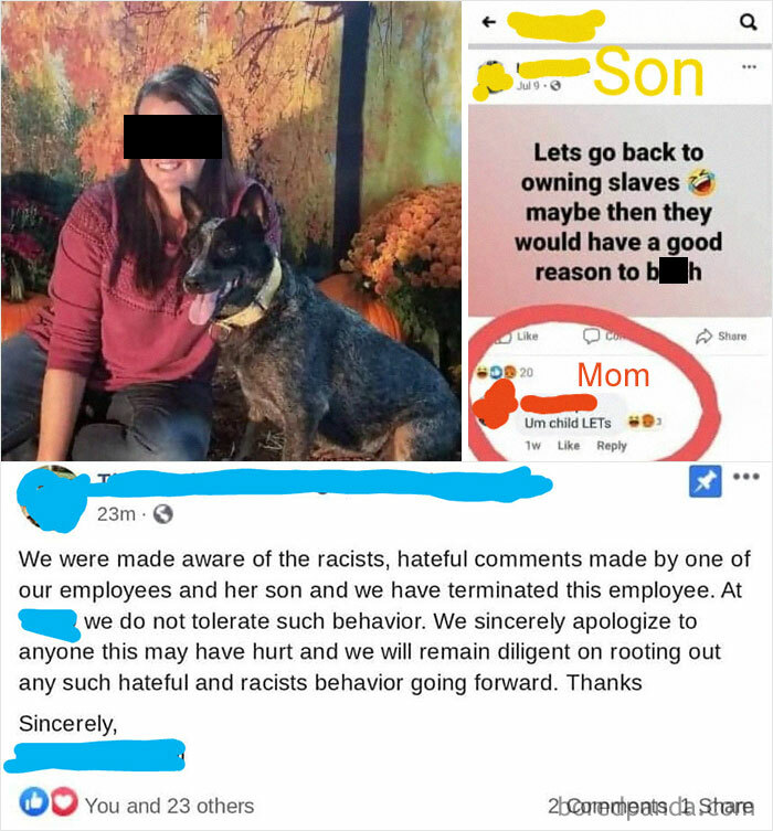 Son Posts Something Racist, Mom Agrees And Gets Fired From Her Job