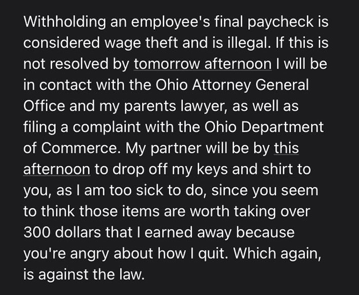 Former Employee Confronts Their Workplace For Not Paying Them Their Last Paycheck, Receives An Angry Email Former Employee Confronts Their Workplace For Not Paying Them Their Last Paycheck, Receives An Angry Email
