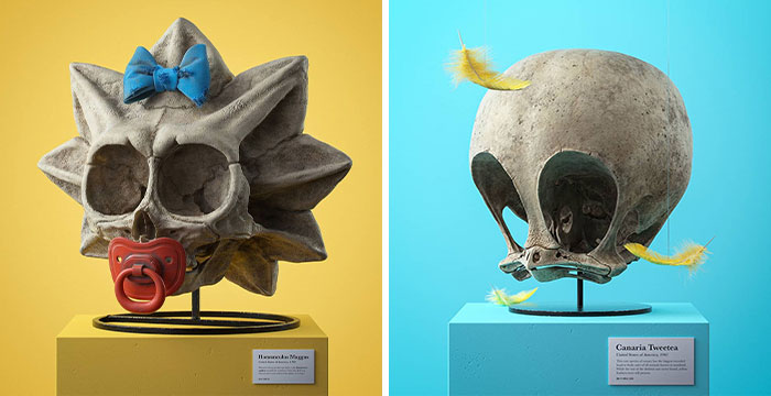 Este artista crea cráneos anatómicamente correctos de conocidos personajes de dibujos animados (14 imágenes)