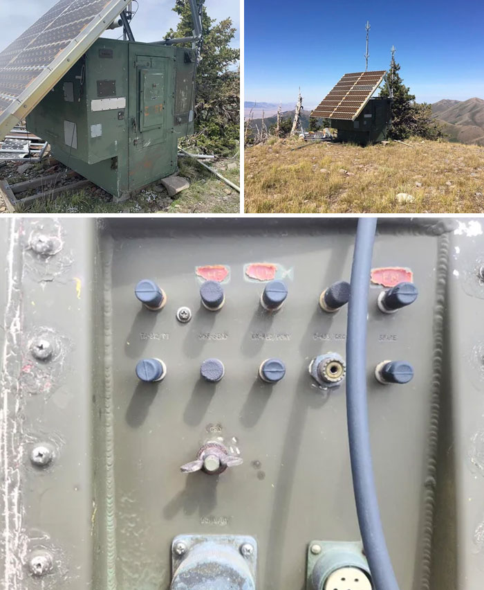 Metal Structure On Top Of Flat Top Mountain In Utah. South Facing Solar Panel With Antennas On The North Side. Interestingly Enough, It Has A Button On The Outside That Activates A Bell Inside The Structure When Pressed. Picture Of External Control Panel Included