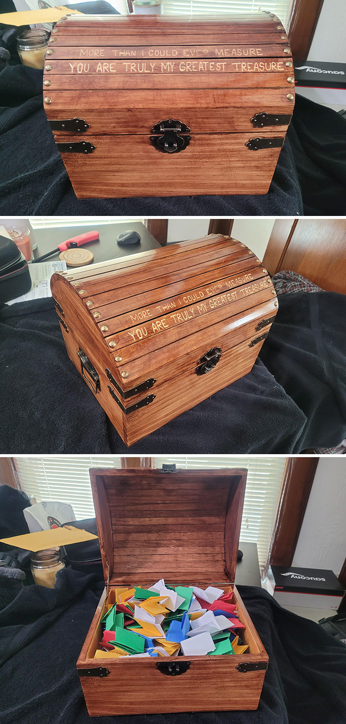My Valentine's Gift For My Wife. I Bought A Chest At A Craft Store. Sanded It, Stained It, Sealed It, Engraved It, And Filled It With 365 Love Notes: One A Day Until Next Valentine's