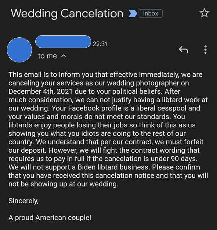Couple Cancels On Photographer Within 90 Days Due To Photographer's Facebook