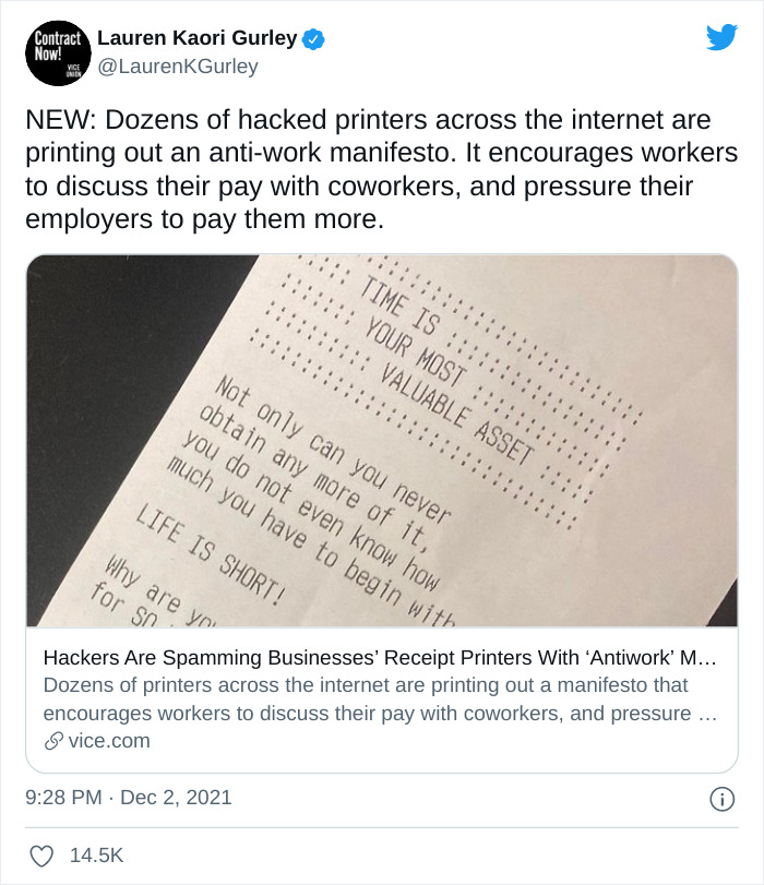 Hackers Spam Business Receipts With 'Pro-Union' and 'Anti-Work' Messages and Workers Are Loving It
