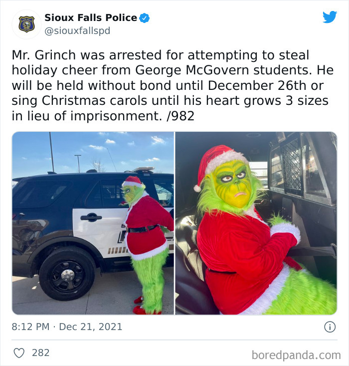 Sioux Falls Police Department Arrests Mr. Grinch For Attempting To Steal Holiday Cheer