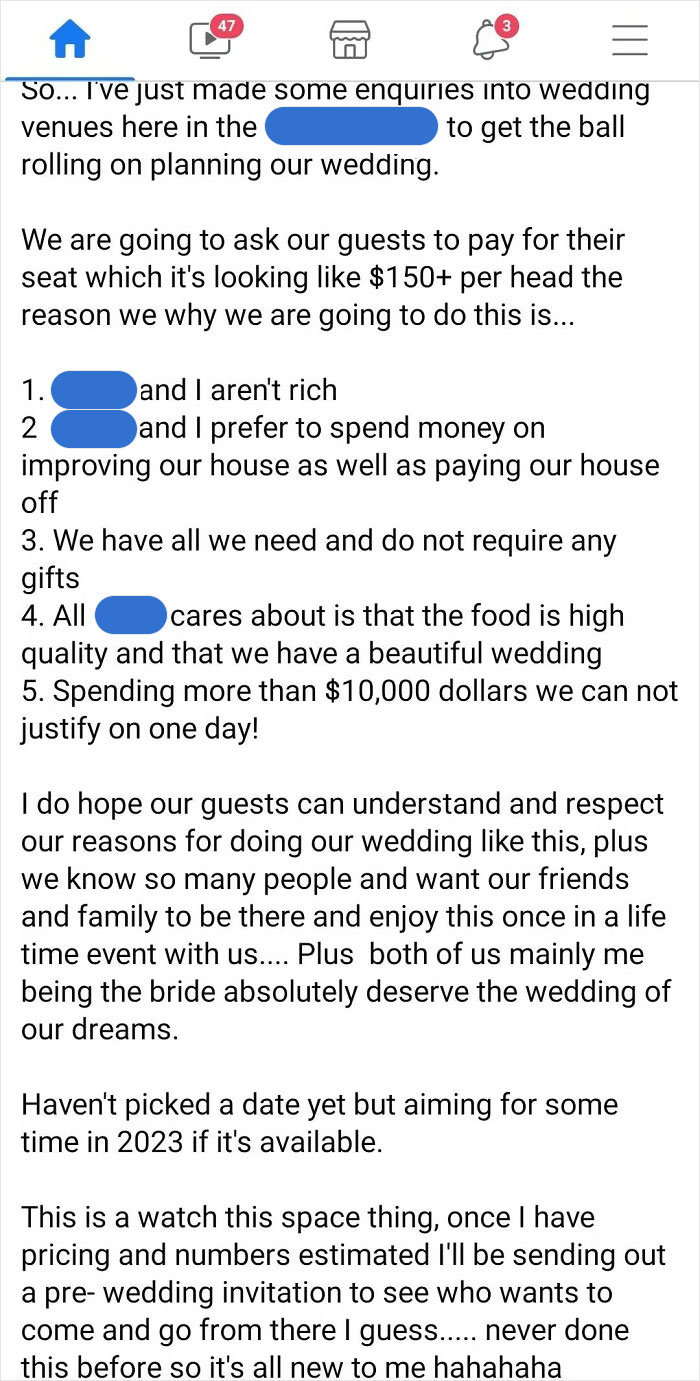 Guests Will Have To Pay For Their Seat Because Bride And Groom Aren't Rich