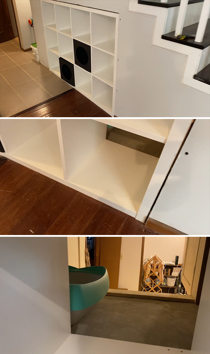 Used Some Dead Space Under The Stairs To Create A Bathroom For The Cats, And Additional Shelf Storage