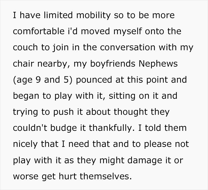 Woman Blamed For Ruining The Evening After Asking Partner’s Nephews Not To Play With Her Wheelchair, Asks The Internet If She Overreacted