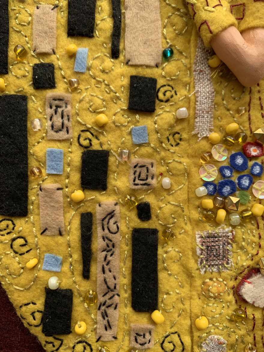 I Made Gustav Klimt's The Kiss Reproduction With Polymer Clay And Embroidery.