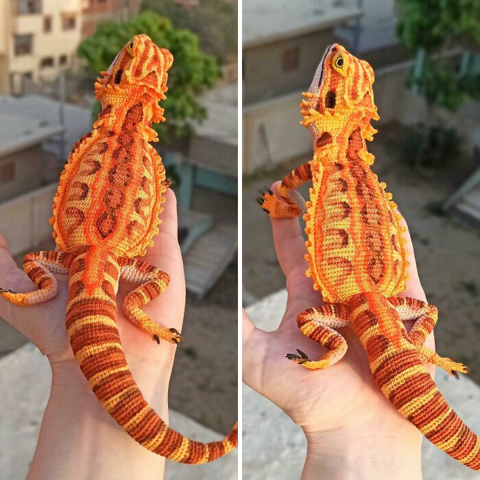 Bearded Dragon Is Crocheted In 2 Colors Of Threads. And Painted. The Eyes Are Handmade