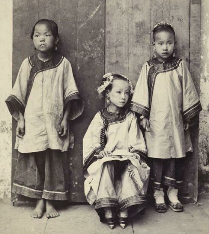 The Fate And Feet Of Three Chinese Girls - A Bare Footed Slave, A Girl With Bound Feet, And A Christian With Unbound Feet - Ca. Early 1900s