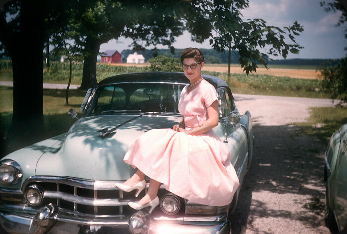 Glorious Kodachrome Shot Of A Lady All Dressed Up On Her Car. Guessing It To Be 1950s?