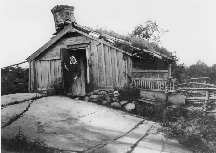 An Elderly Woman In Front Of Her Modest Dwelling And An Interior View Of The Same House. Torsås, Sweden In 1904