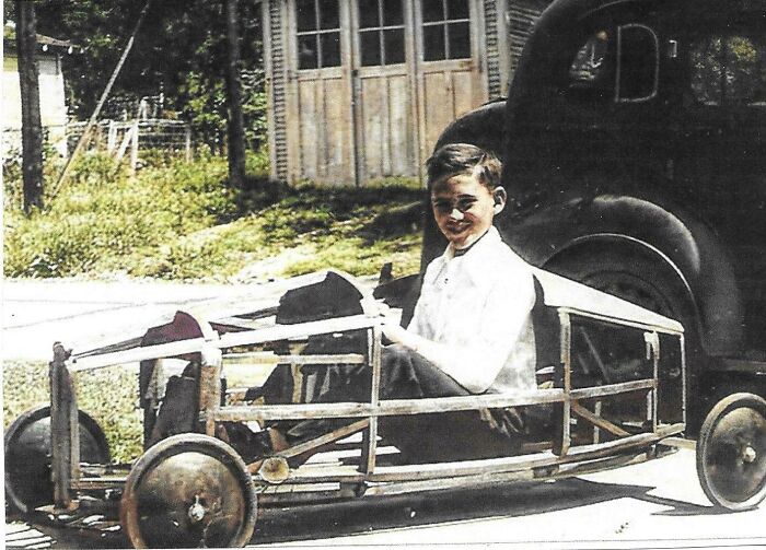 Me Sitting In My Nearly Completed Soap Box Derby In 1951. I Raced For Three Years In This Car