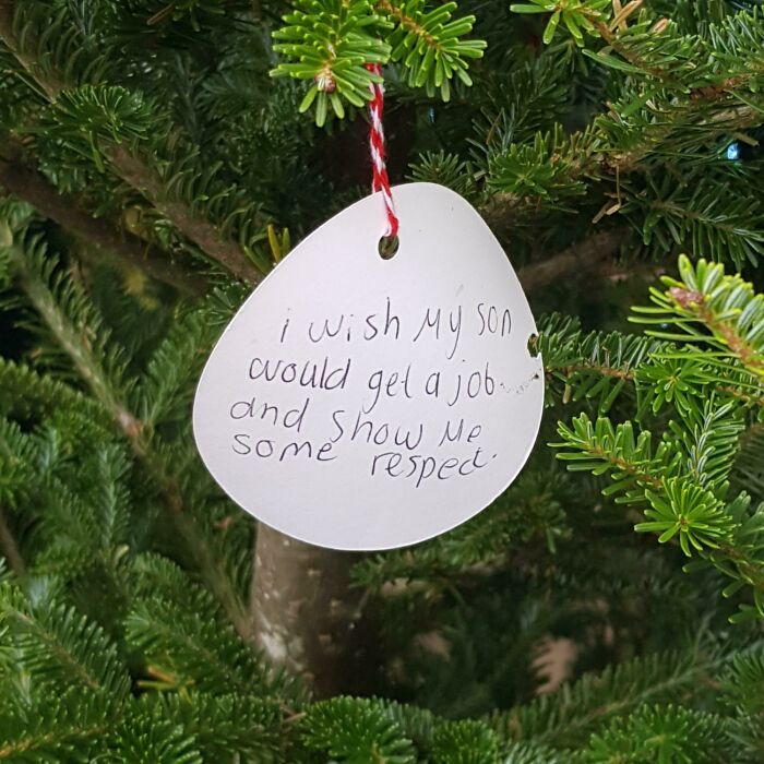 Me encontré un árbol de Navidad repleto de deseos para el próximo año y este fue el primero que vi. No fue muy navideño de su parte… 