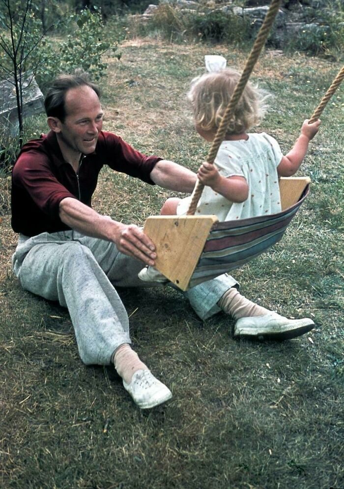 Man Pushing A Little Girl On A Swing. Original Colour Photograph. Sweden In 1939