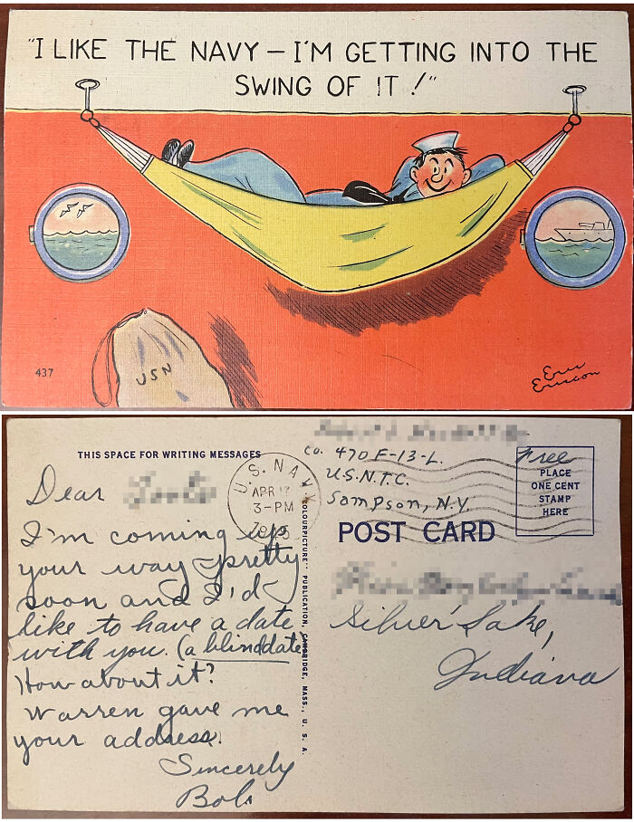 Postcard Sent To My Grandma From A Navy Sailor Asking Her On A Date When He Returns. Postmarked April 17, 1945