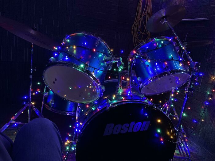 A Friend Of Mine Decorated His Drum Set With Christmas Lights