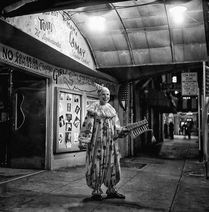 A Clown “Barker” Hustling Customers For A Strip Club On Broadway In San Francisco’s North Beach (1950) Photo By Fred Lyon