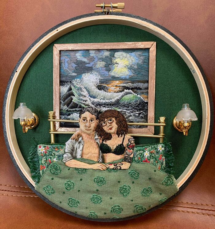 My First Double Hoop And By Far Most Elaborate Project! This Is A Wedding Gift For My Artsy Friends Based On A Photograph. The Cutest Part Is That The Little Lights Actually Turn On!