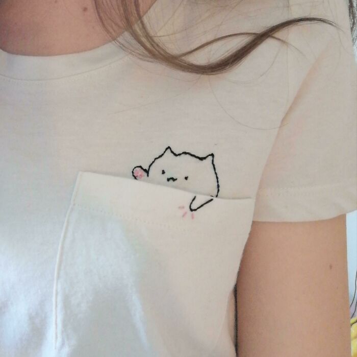 One Of My First Embroidery Projects: A Mischievous Looking Pocket Bongo Cat