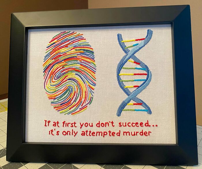 Kind Of A Silly Themed Piece For A Family Member’s Graduation From A Forensic Science Program - Hope She Likes It! My First Time Doing Text And First Time Framing Embroidery Using The Lacing Method...