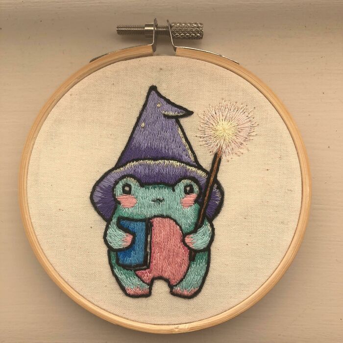 Got Some Pearlescent Thread And Had To Incorporate It. It’s A Pain To Use, But I Made A Wizard Frog