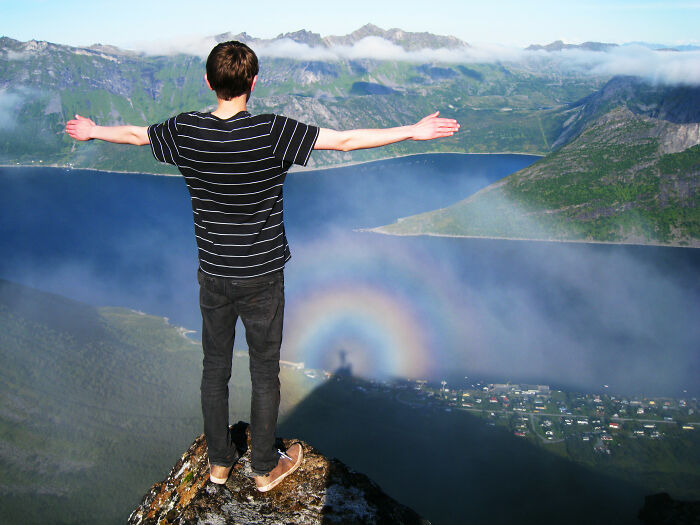 Unique Moment From Last Year. Me On Top Of The Mountain Segla, Northern Norway. 360 Degree Rainbow With A Beautiful Shadow Cast