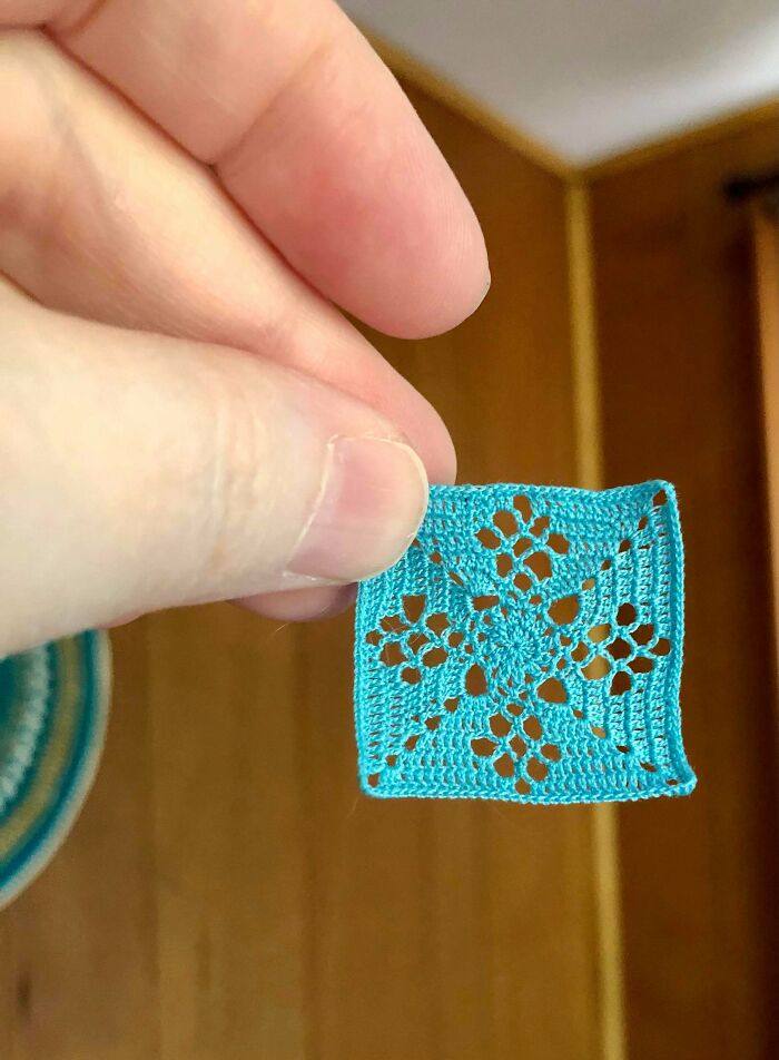 A Micro Victorian Lattice Square Using A 0.4 Mm Hook And Sewing Thread Just To See If I Could. A Normal Sized Square Using A 4.0 Mm Hook And Dk Yarn For Comparison