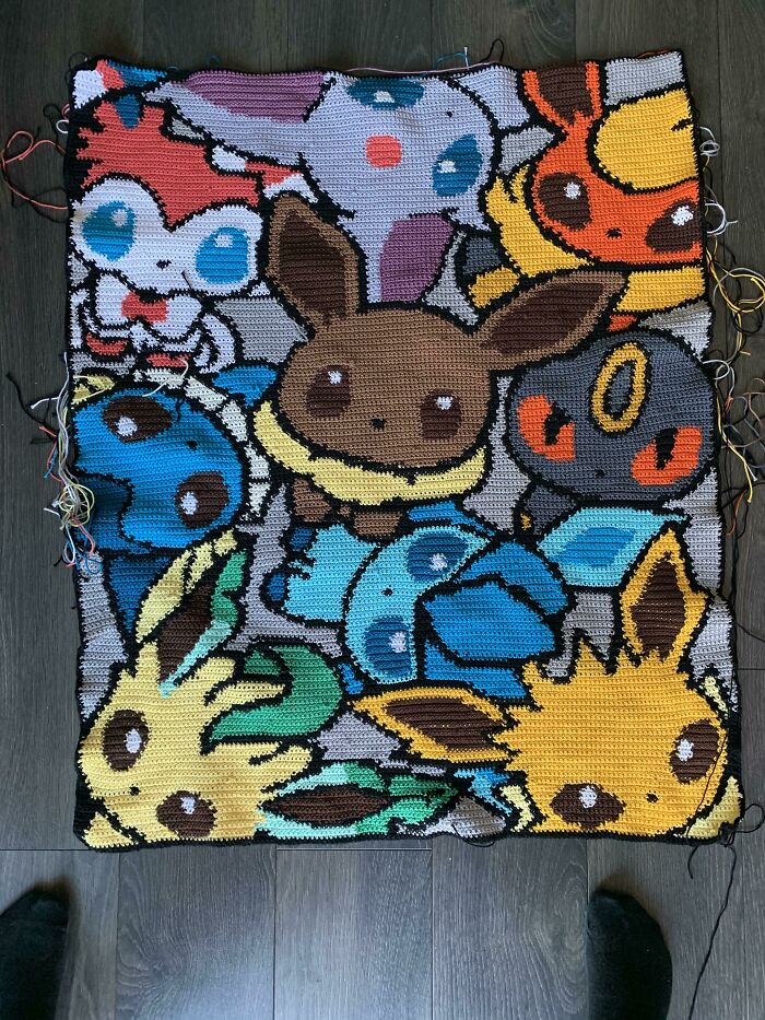 I Made An Eeveelution Blanket For My Sisters 22nd Birthday, She Was 24 When I Finished. Oh Well