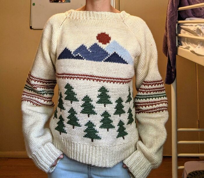 I Finished My First Sweater Just In Time For Fall/Winter!! The Mountains Are Based On A Cross Stitch Pattern (Info In Comments) But Other Than That I Totally Winged It! The Waistcoat Stitch Made It Super Warm And Cozy So I Can't Wait For It To Snow!