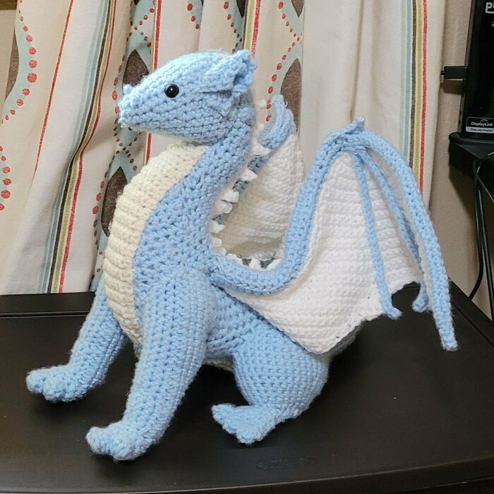 I Wanted To Crochet A Blue Dragon, So I Did! It's My Second Big Crochet Project, And I Am So Proud Of How He Turned Out!
